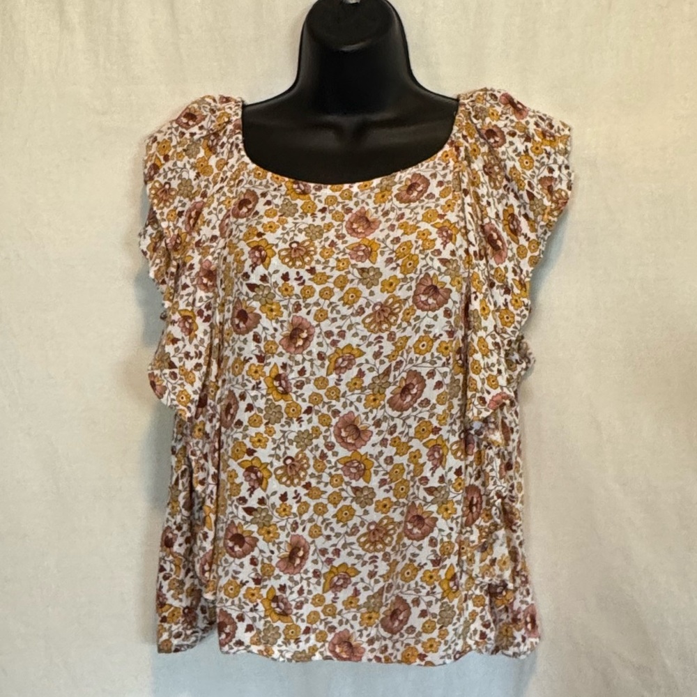 F-20 Cynthia Rowley White Orange & Red Floral Ruffled Summer Blouse Size L